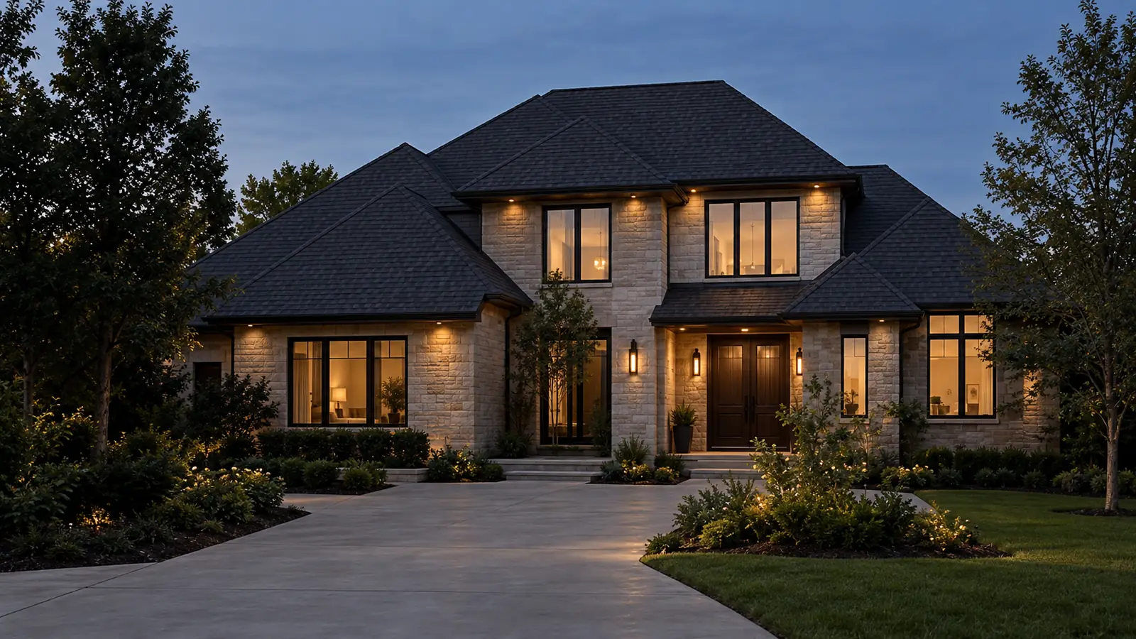 Illustrative image of a stone home with a new dark asphalt shingle roof at dusk