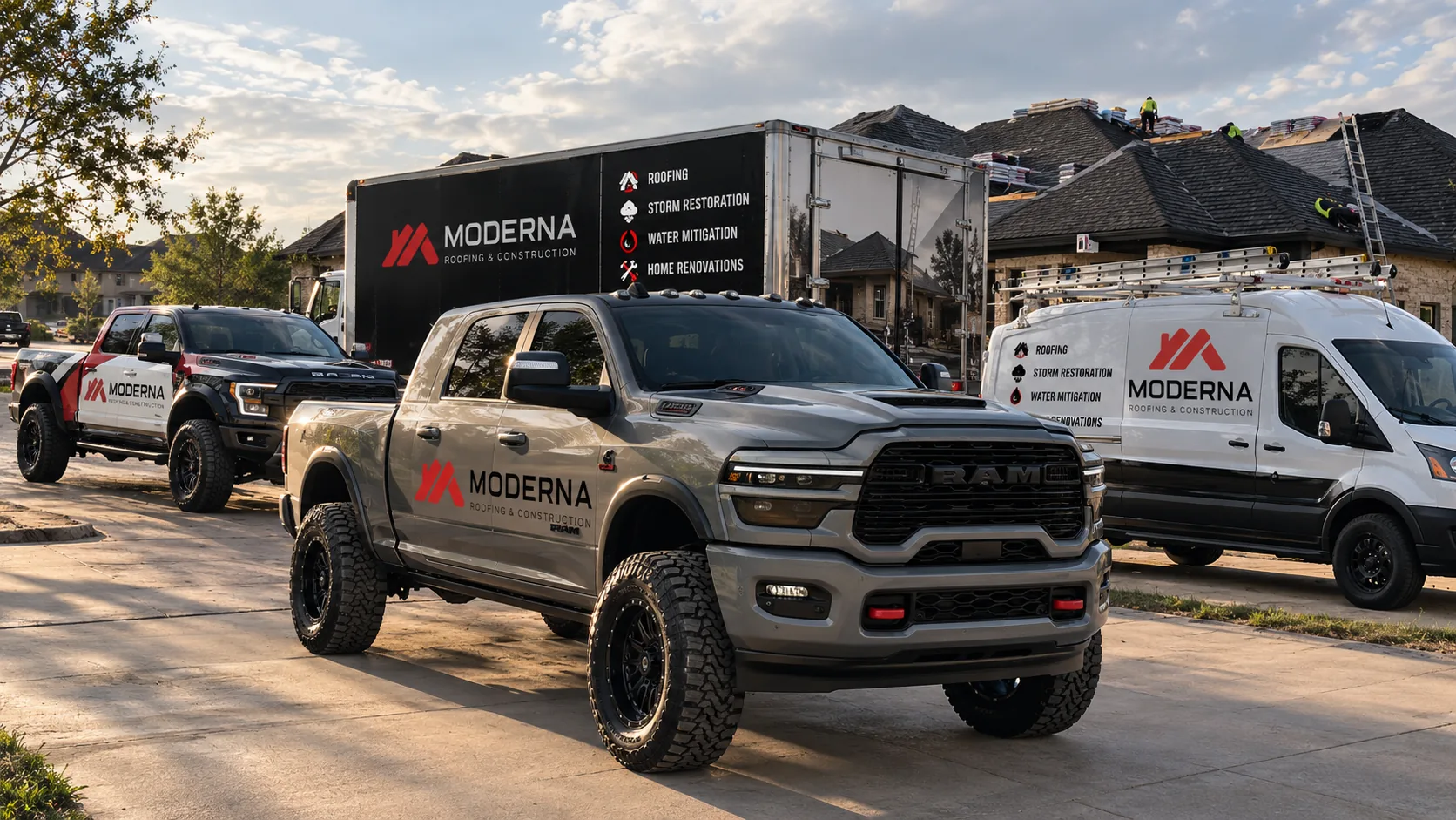 Moderna Roofing & Construction branded truck, box truck, and van staged in a Dallas–Fort Worth neighborhood, with a crew installing shingles on a roof in the background