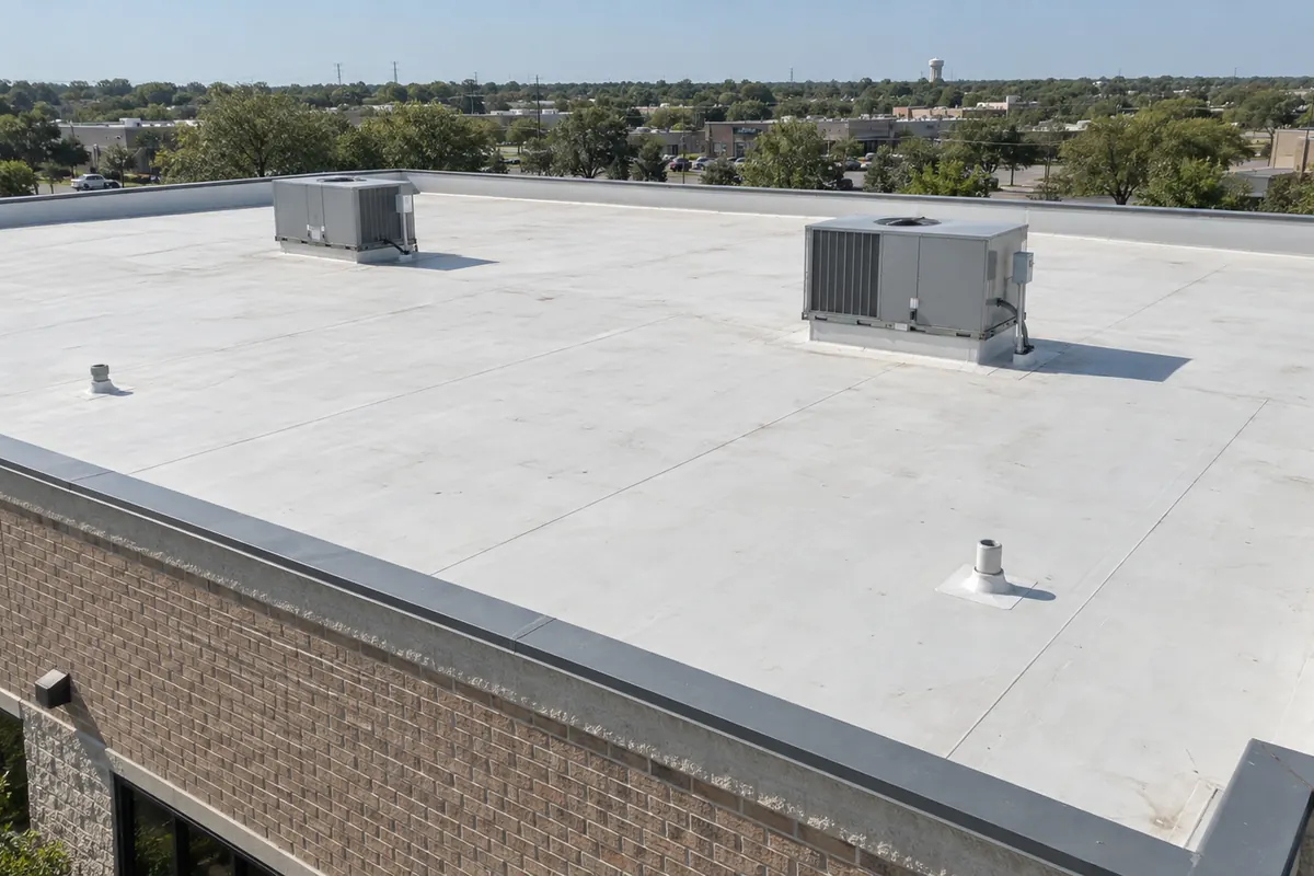 Aerial view of a commercial building with a flat white membrane roof and rooftop HVAC units