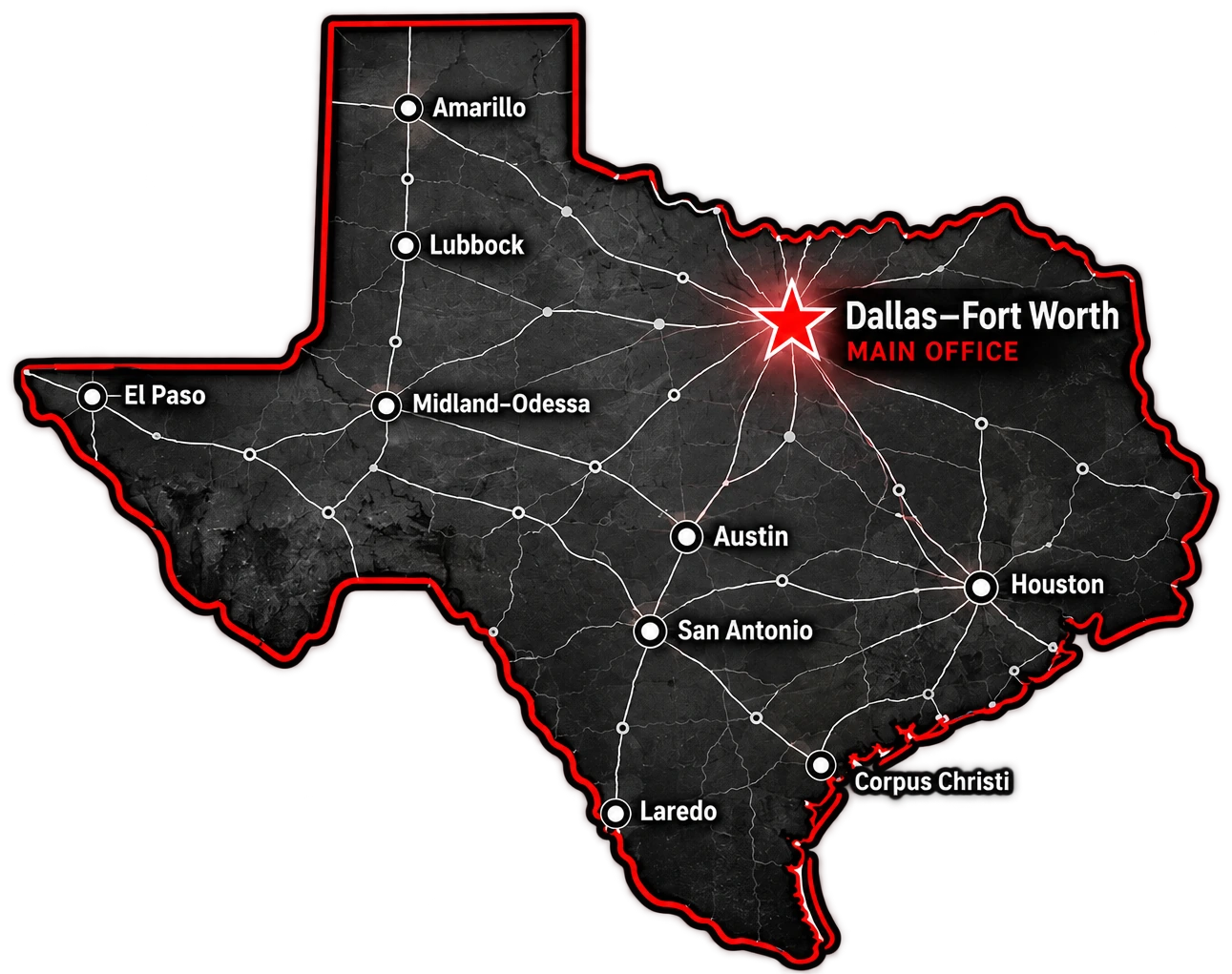 Stylized map of Texas with a red star marking Dallas–Fort Worth, Moderna's main office
