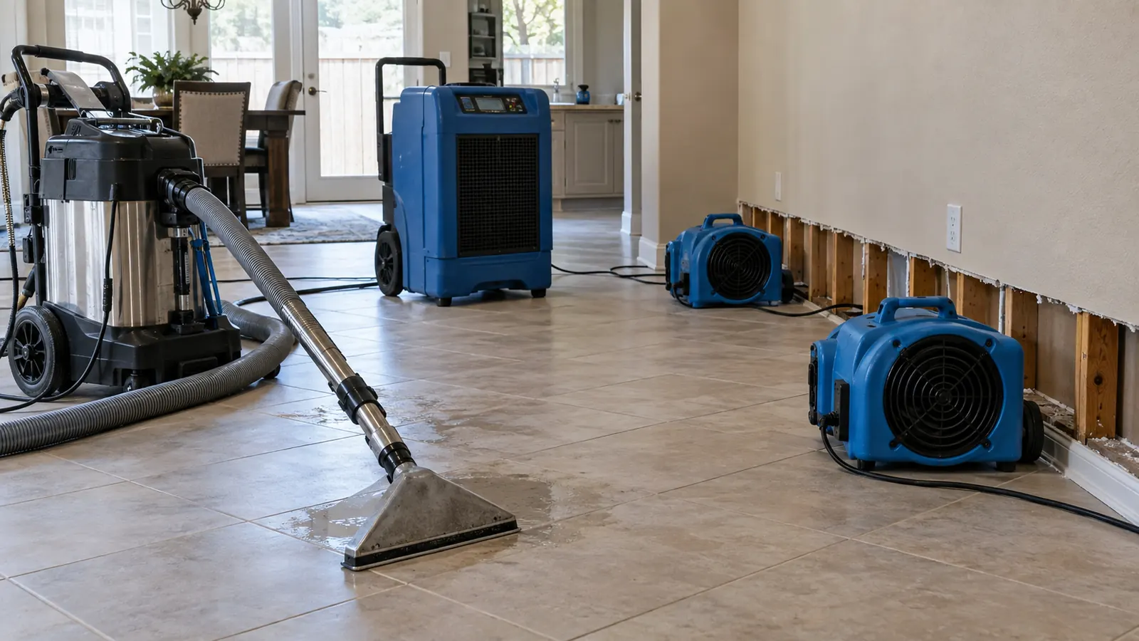 Professional water extraction and drying equipment set up inside a home, with air movers and a dehumidifier along an open wall