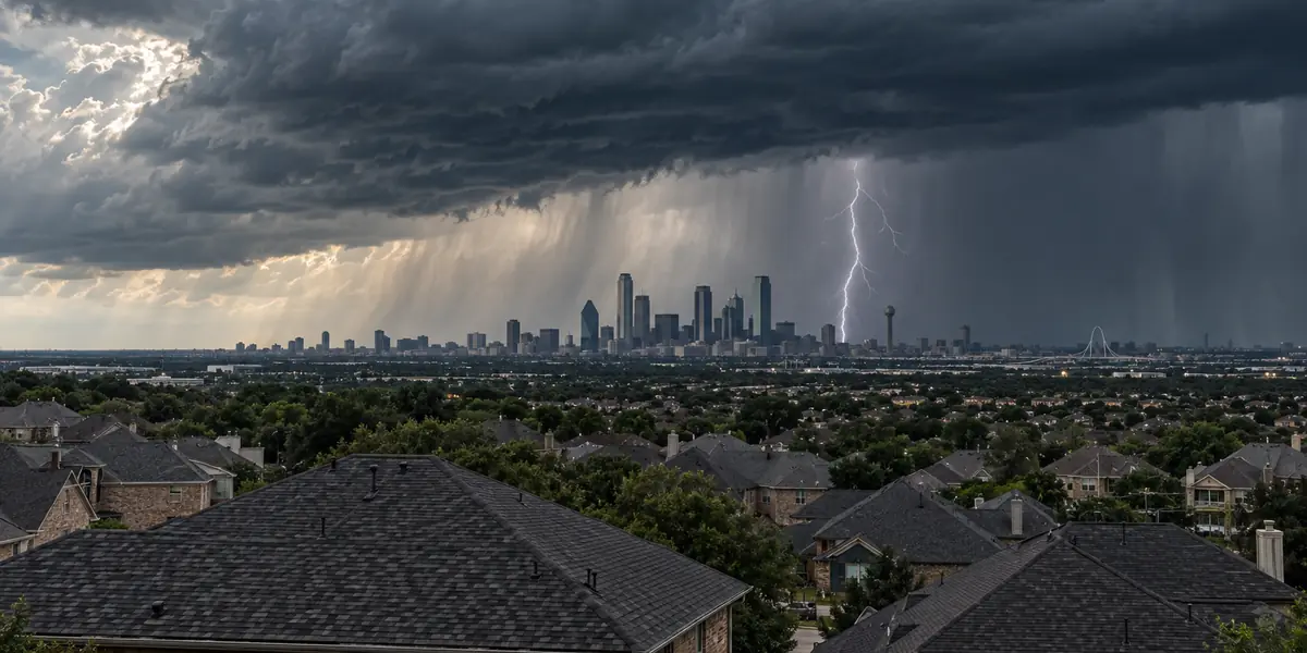 Illustrative image of a thunderstorm with lightning over the Dallas skyline and neighborhood rooftops